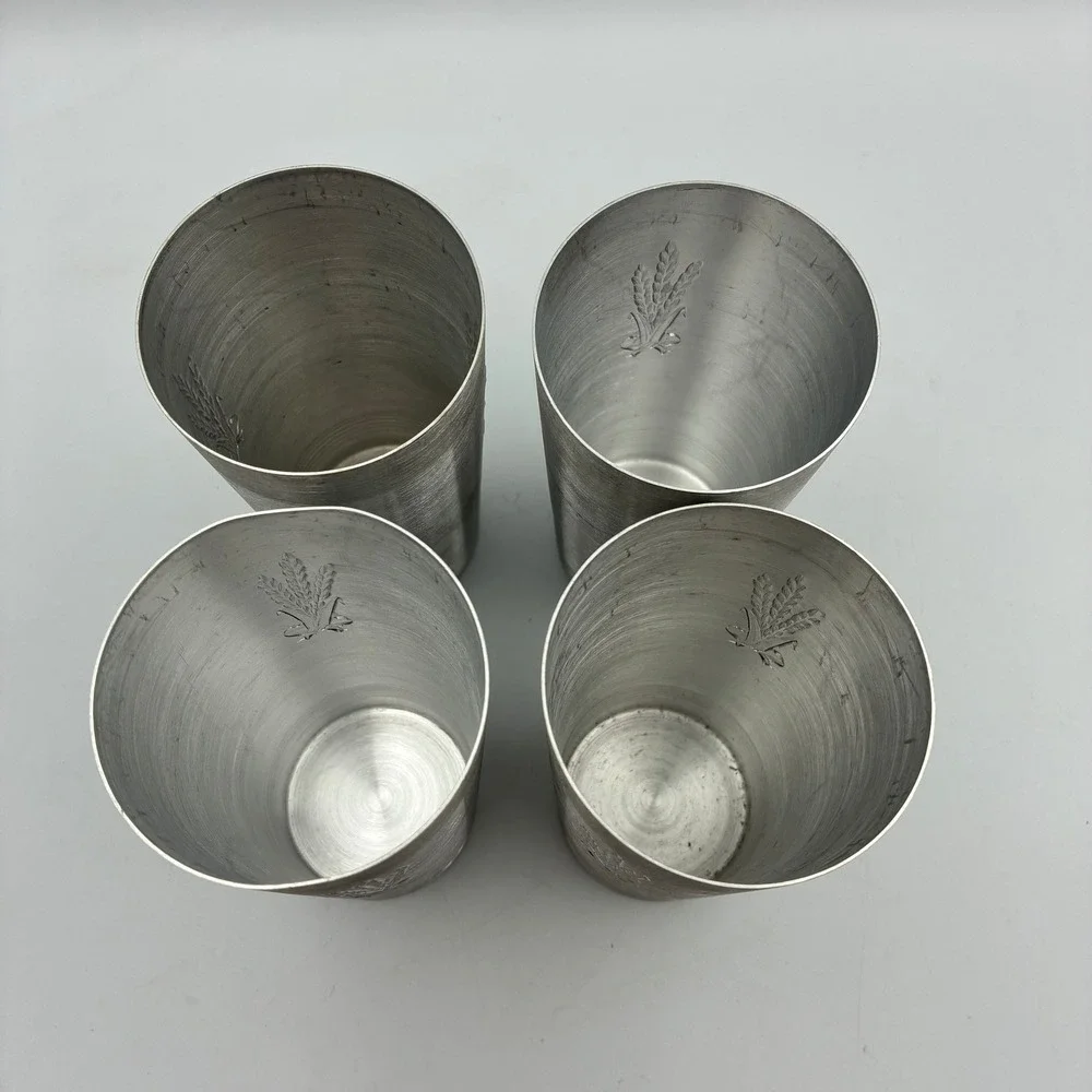 Vintage Aluminum Wheat Pitcher and 4 Tumbler Cup Set Silver Mid Century Modern